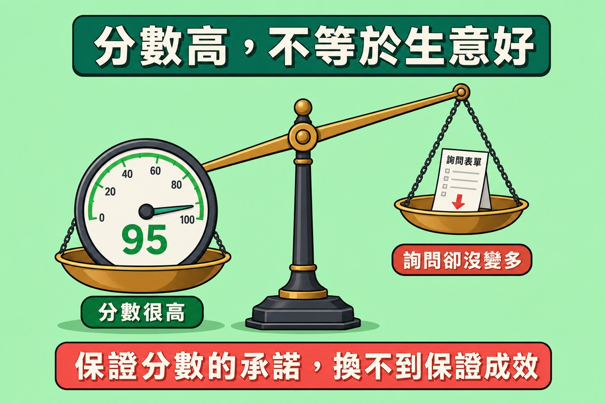 淺綠底雙盤天秤，左盤放著95分速度分數儀表壓低，右盤詢問表單圖示翹高
