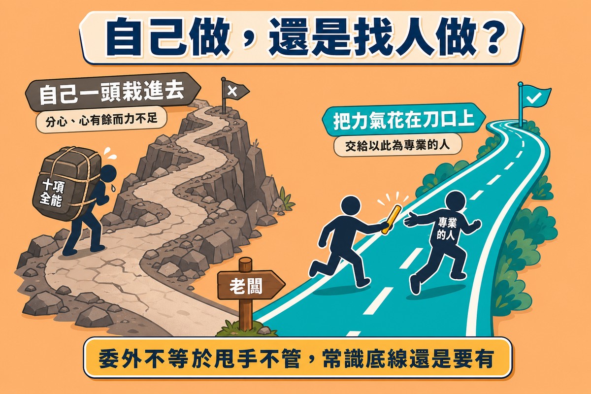 杏色底岔路圖，左上崎嶇山路揹著十項全能重擔前行，右下平坦道路交棒給專業的人向前跑