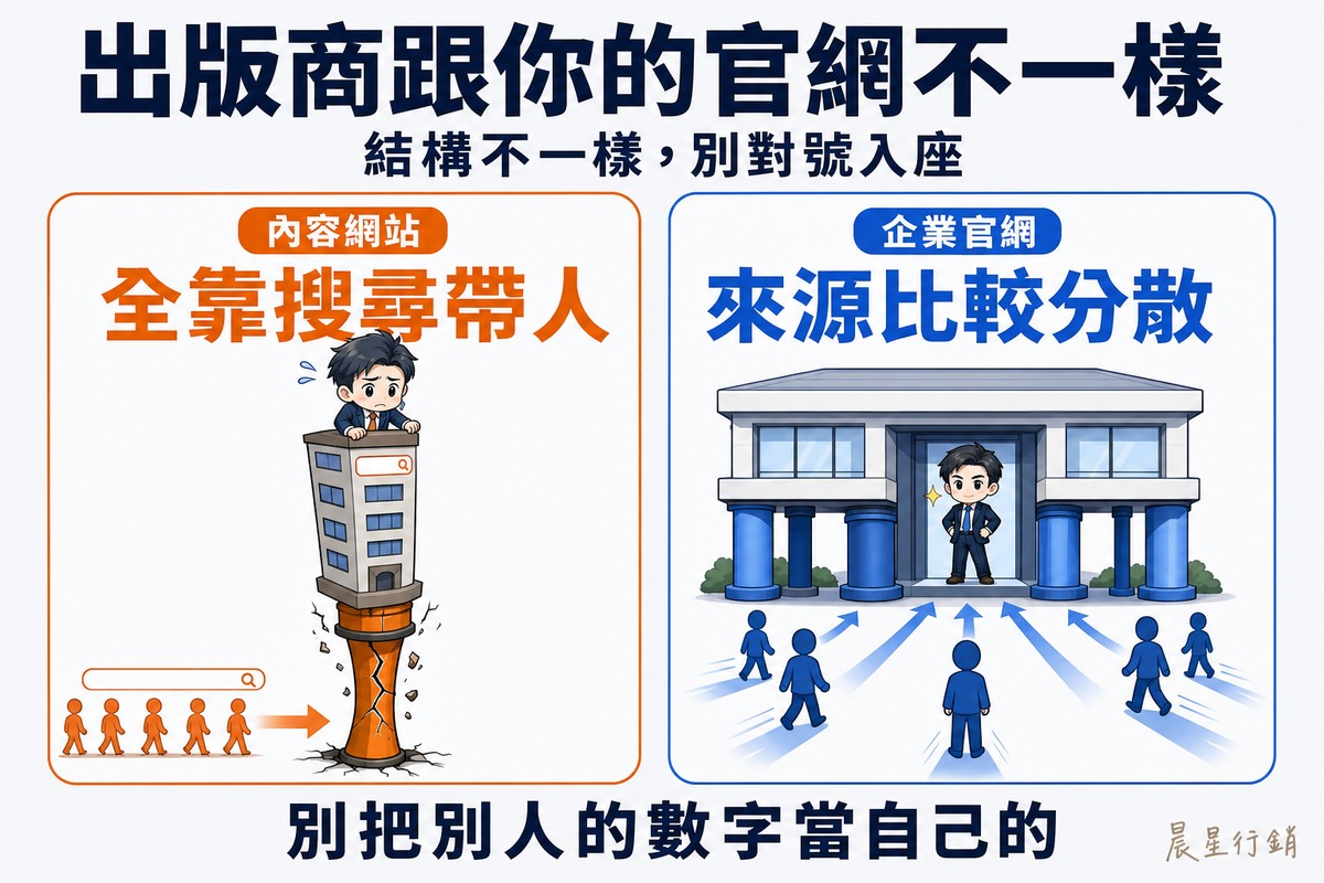 左右兩格對照。左格橘色,一棟細高的樓只靠一根粗橘色管子撐著,管子已經龜裂,樓頂的編輯緊張地抓著邊緣;右格藍色,一棟矮而穩的建築由好幾根藍色柱子撐起,門口的老闆從容站著,人群從好幾個方向走來。