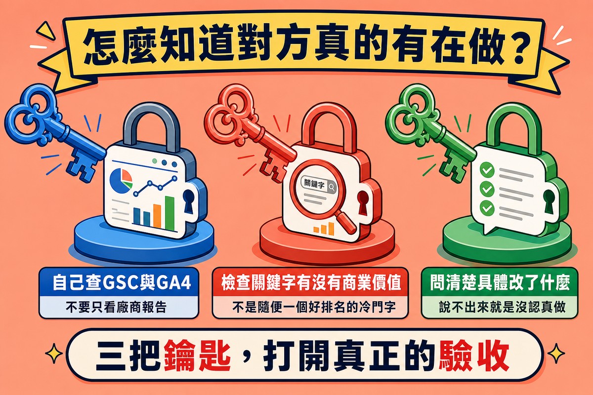 粉橘底三把不同顏色鑰匙分別打開儀表板、關鍵字放大鏡、對話框checklist三個鎖頭