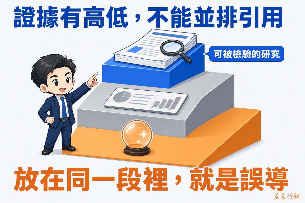 一座三階的階梯側面圖。最高的藍色階梯上放著一疊厚研究論文和一支放大鏡,中間灰色階梯上放著一塊儀表板面板,最低的橘色階梯上放著一顆水晶球;一位上班族站在旁邊指著最高那一階。