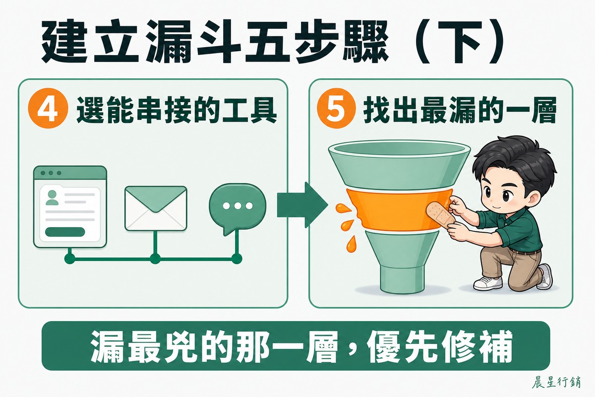 解說圖:兩個步驟以粗綠色箭頭相連,編號為橘色圓形徽章。步驟四寫「選能串接的工具」,畫表單頁、信封與對話框三個圖示被一條連續的線串在一起。步驟五寫「找出最漏的一層」,畫一個三層漏斗,中間層是明顯的橘色並往旁邊漏出水滴,同一位穿綠色polo衫的年輕男性正蹲著把一塊OK繃貼到那一層上。底部深綠長條寫「漏最兇的那一層,優先修補」。