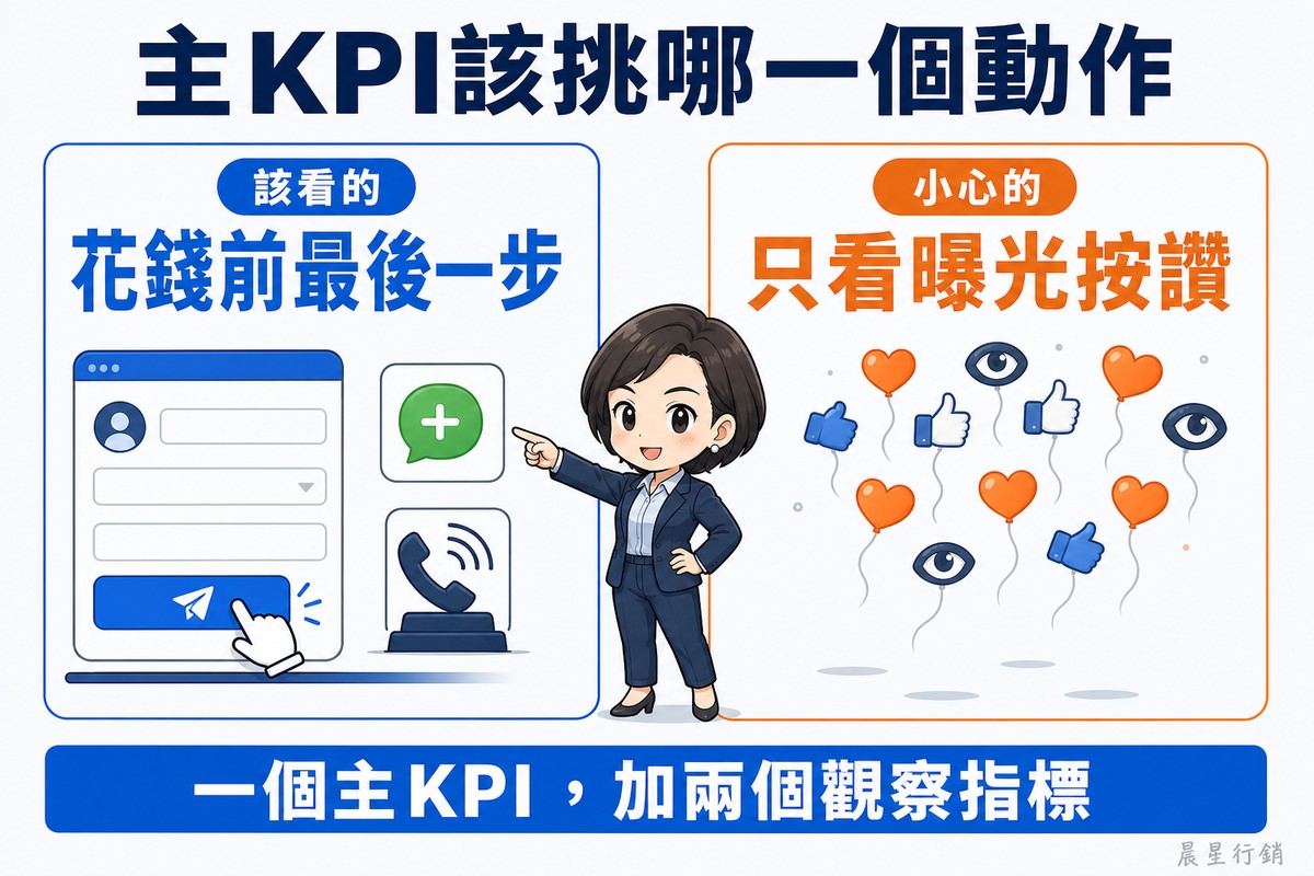 解說圖:左右兩張卡片。左邊藍色卡片標籤「該看的」,大字「花錢前最後一步」,畫一張表單頁面上的送出按鈕正被按下,旁邊有加好友的對話框圖示與一支響鈴的電話,三者都穩穩落在一條基準線上。右邊橘色卡片標籤「小心的」,大字「只看曝光按讚」,畫愛心、拇指與眼睛圖示像氣球一樣往上飄離畫面,地上只留下影子。中間一位短髮、穿深色套裝的女性數據分析師指向左邊。底部寫「一個主KPI,加兩個觀察指標」。