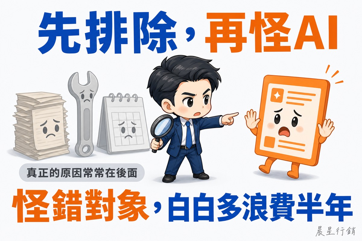中央一位上班族拿著放大鏡,伸手指著右邊一個舉起雙手喊冤的橘色摘要面板角色;他背後的灰色陰影裡站著三個沒被注意到的角色:一疊泛黃的舊文件、一支扳手和一本桌曆,三個都一臉委屈。