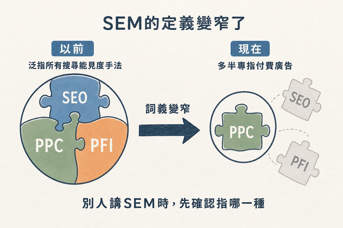 左側大圓圈裡拼著SEO、PPC、PFI三塊拼圖,標示以前泛指所有搜尋能見度手法;箭頭標示詞義變窄;右側圓圈縮小只剩PPC,SEO與PFI淡出圈外,標示現在多半專指付費廣告