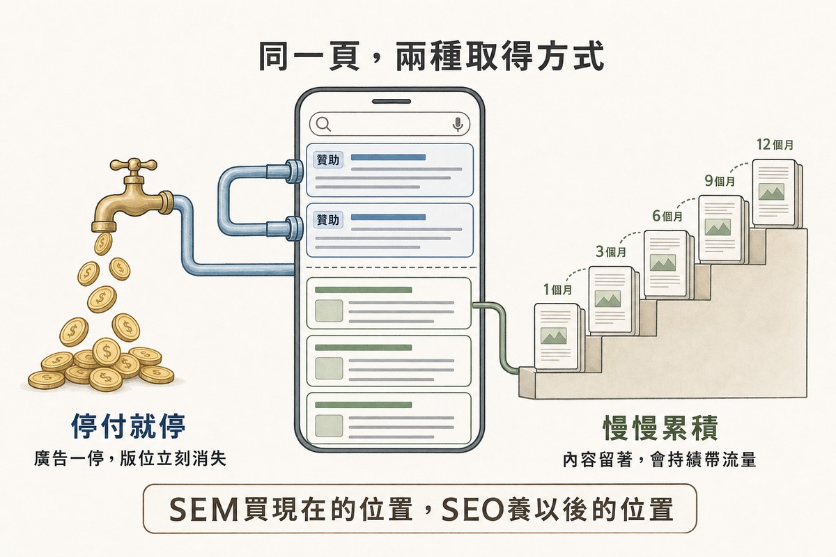 中央手機顯示搜尋結果頁,上方兩則標示贊助的結果由左側水龍頭經管線持續供應金幣、標示停付就停;下方自然結果連往右側逐月加高的階梯、標示慢慢累積