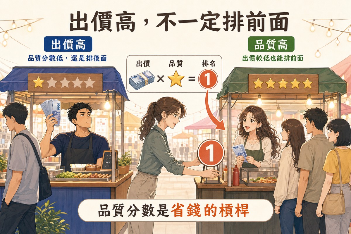 市集兩個攤位對照:左攤老闆手拿厚厚一疊鈔票但招牌只有一顆星、沒有客人,標示出價高但品質分數低還是排後面;右攤老闆笑著只拿幾張鈔票但招牌五顆星、多位客人排隊,標示品質高、出價較低也能排前面;管理員正把第一號位置牌放到右攤前,上方是出價乘品質等於排名的算式