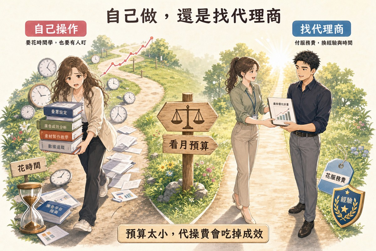 一條岔路:左邊一位女性抱著一疊廣告教學手冊、面露疲憊,周圍散落文件與多個時鐘、沙漏,標示自己操作要花時間學也要有人盯;右邊兩人面向鏡頭交接廣告優化計畫、神情輕鬆,旁邊有價格標籤與經驗徽章,標示找代理商付服務費換經驗與時間;岔路口木牌是天平與看月預算