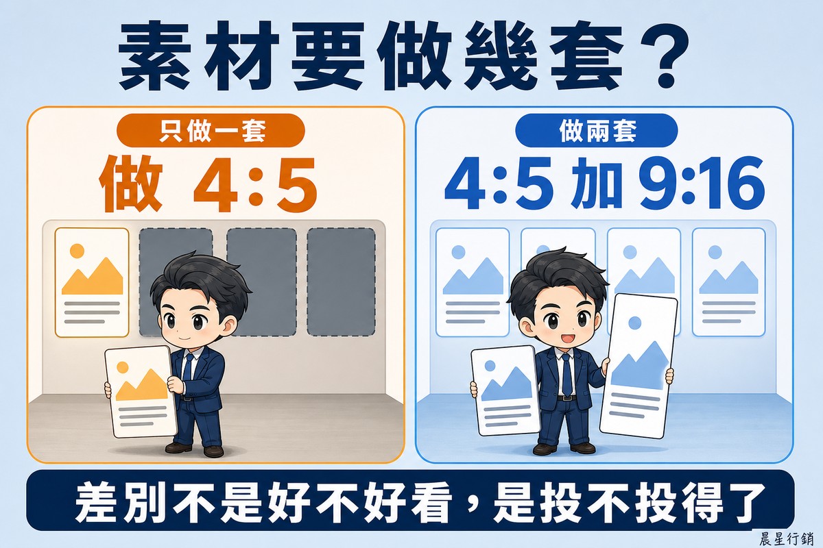 左邊設計師只拿一張略高的素材板,身後四個版位有三個是暗的;右邊同一位設計師拿著一張略高與一張細長的素材板,身後四個版位全部亮起。