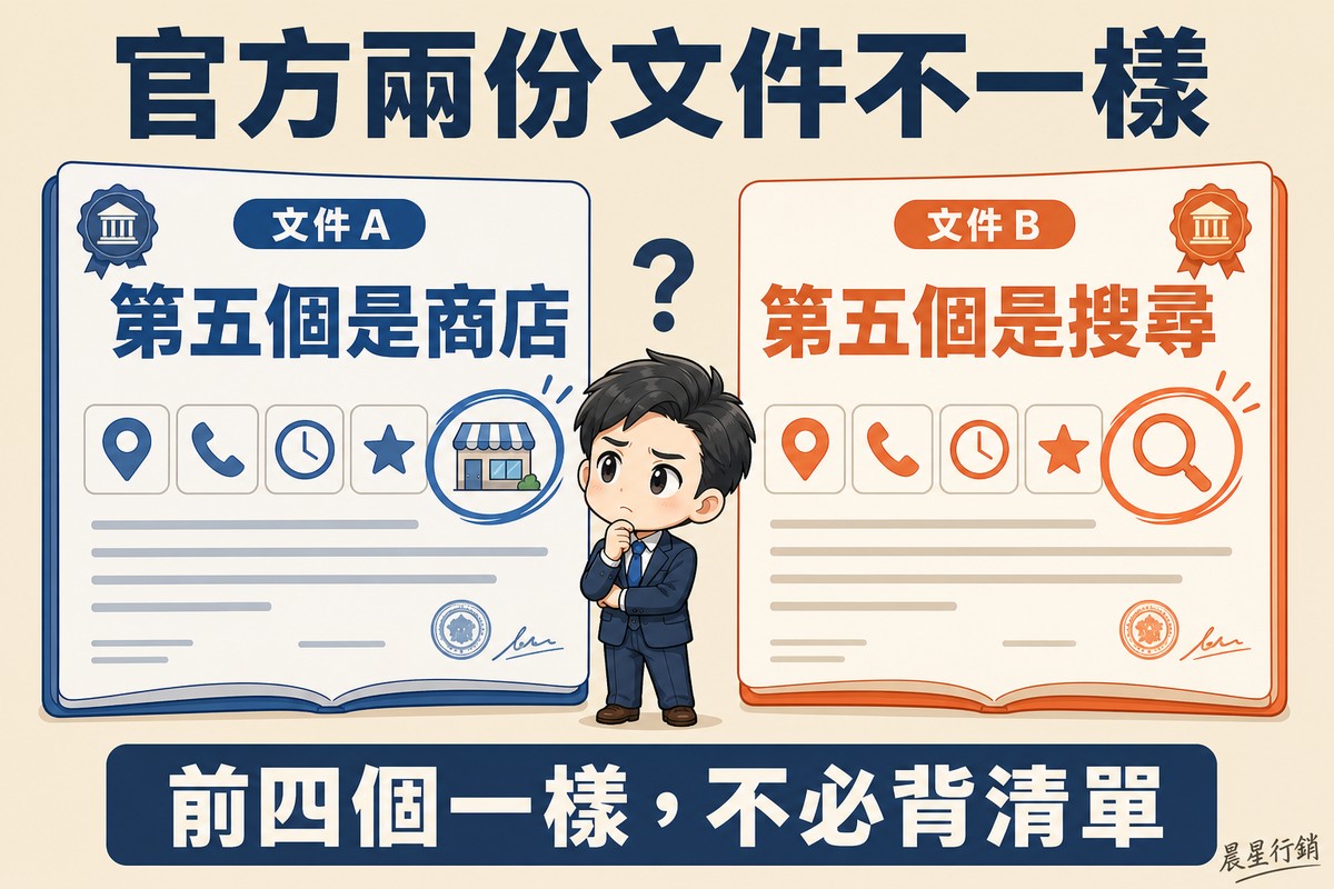左右兩份官方文件並排,前四個圖示相同,左邊第五個圈起店面圖示、右邊第五個圈起放大鏡圖示,中間的企業主看著兩邊冒出問號。