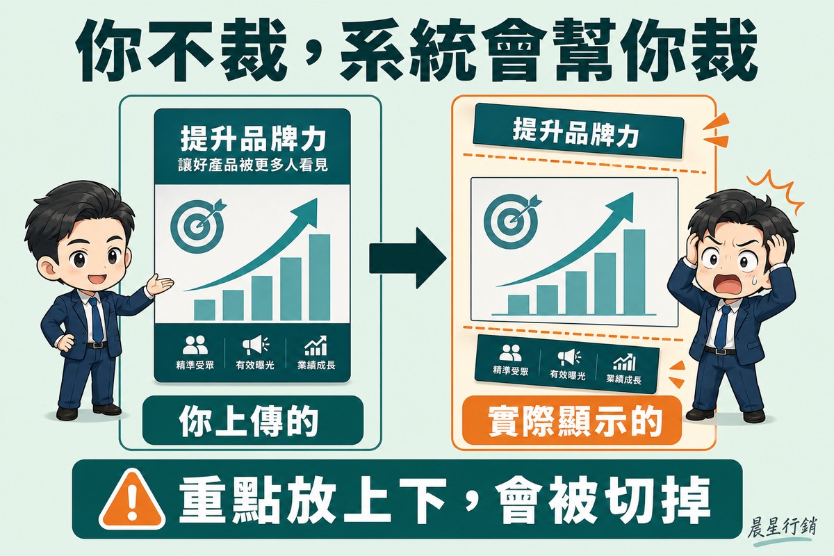 左邊完整的直式廣告素材含上方標題與下方圖示列,箭頭指向右邊同一張素材,上下兩段被虛線切掉並掉落,旁邊的業主抱頭驚訝。
