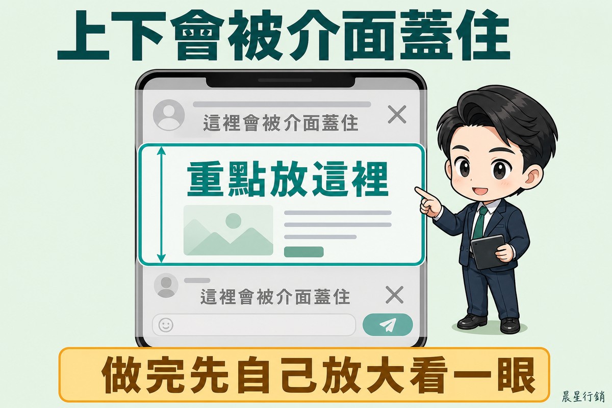 手機框上下兩段被半透明灰色介面元件覆蓋並標示會被蓋住,中間一段用綠框圈起標示重點放這裡,右側設計師指著中間安全區。