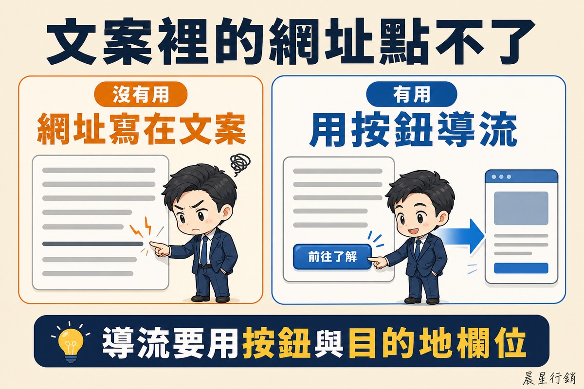左邊一段內文中有一行灰色底線的網址,使用者反覆點擊卻沒有反應;右邊同一段內文下方有一顆立體的行動呼籲按鈕,點下去箭頭直接飛向網站卡片。