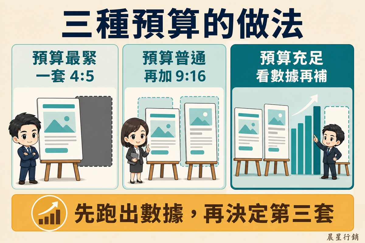 三個欄位依序是一張畫架上的素材旁有一格暗掉的版位、兩張畫架上的素材且版位全亮、以及兩張素材加一組上升長條圖與一個空著等待的畫架。