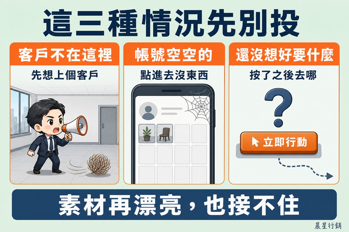 三個欄位分別是業主對著空蕩的房間拿擴音器喊話、手機個人檔案只有兩格有內容其餘空白且結著蜘蛛網、以及一顆行動呼籲按鈕上方一個大問號且箭頭延伸到不知何處。