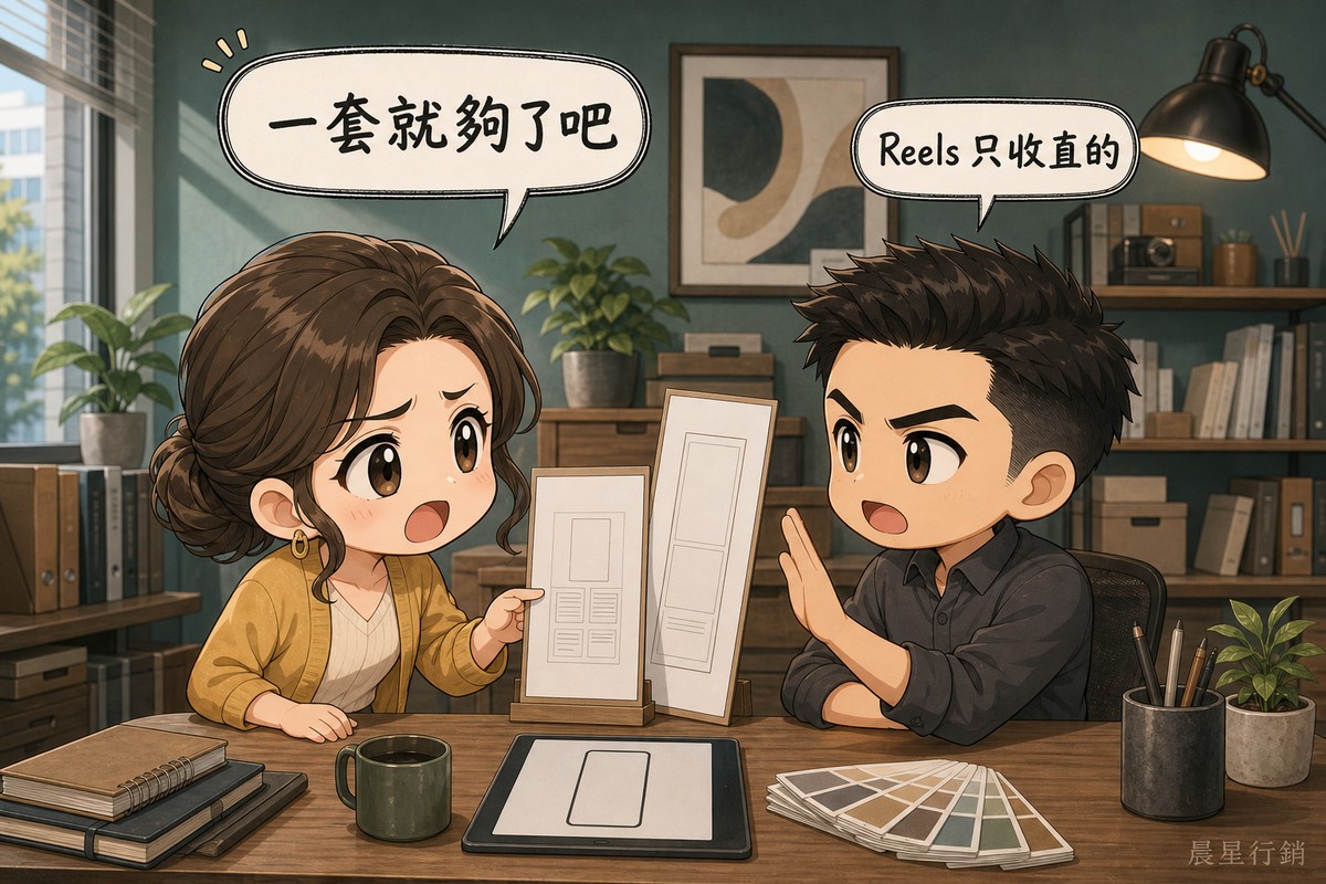 一位女性企業主指著桌上一張略高的方形素材板問美術指導夠不夠用,對面的男性美術指導豎起手掌示意那一套過不了Reels。