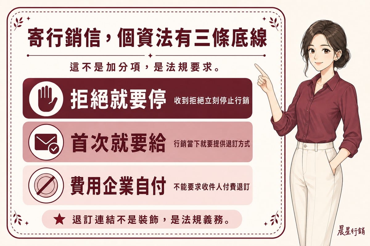 顧問指著看板,看板列出拒絕就要停、首次就要給退訂方式、費用企業自付三條個資法規範
