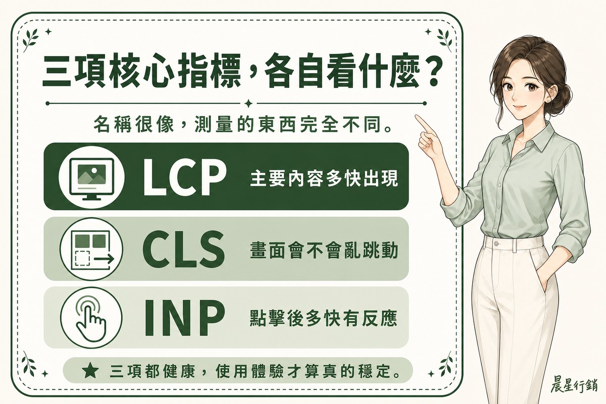 圖解顧問看板列出LCP、CLS、INP三項指標,分別代表主要內容出現速度、版面穩定度、互動回應速度