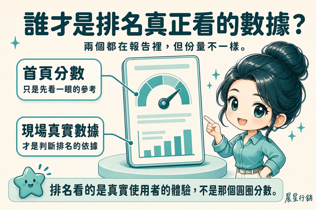 顧問指著報告卡,標示首頁分數只是先看一眼的參考、現場真實數據才是排名判斷依據