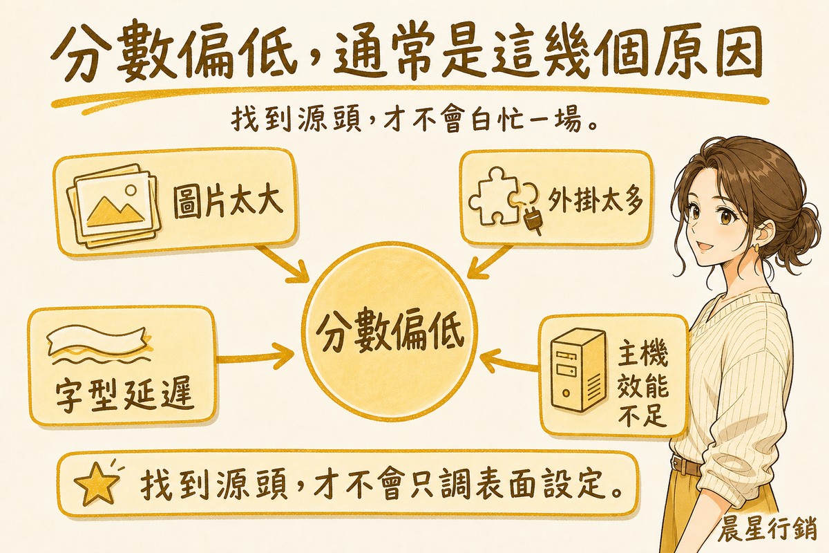 白板手繪四個原因方塊:圖片太大、外掛太多、字型延遲、主機效能不足,箭頭匯聚指向分數偏低