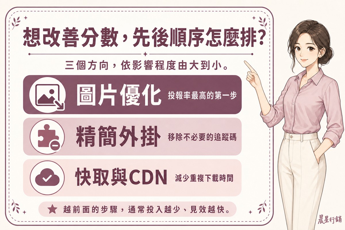 圖解顧問看板列出圖片優化、精簡外掛、快取與CDN三個改善步驟,依影響程度由上到下排序