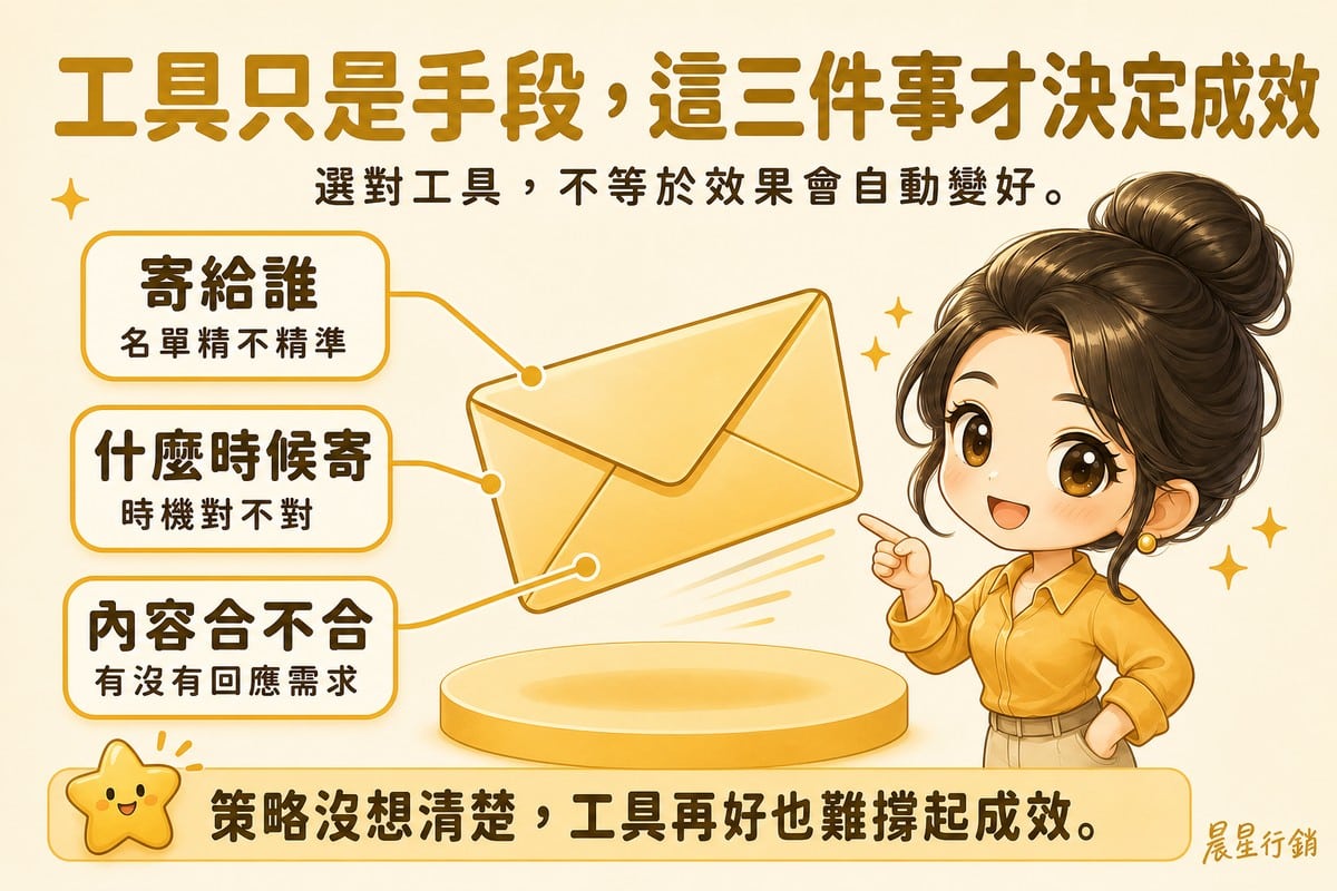 顧問指著一封正在飛出的信封,信封旁標註寄給誰、什麼時候寄、內容合不合三個決定成效的關鍵