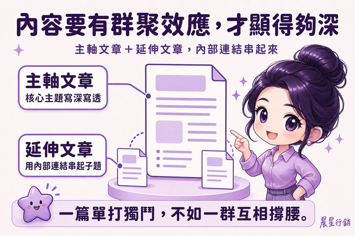 顧問指著中央的主軸文章圖示,旁邊延伸文章以內部連結串連