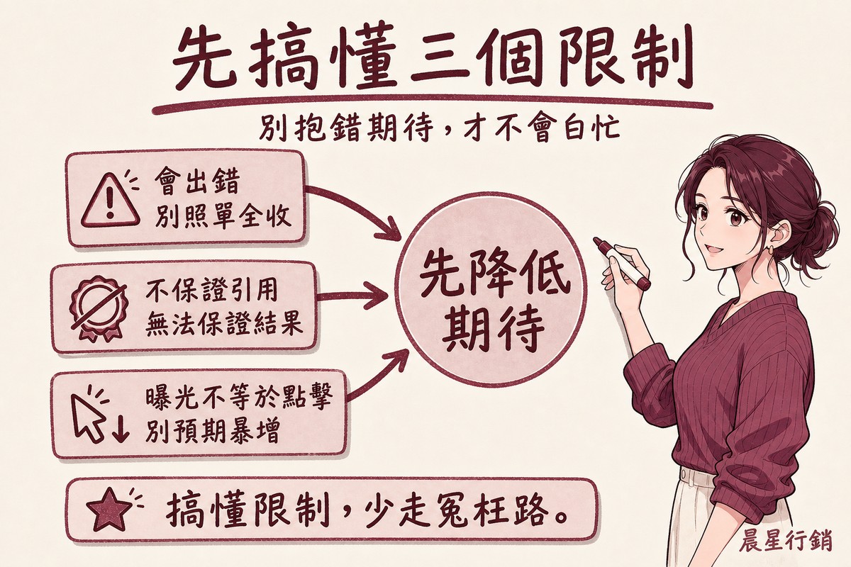 顧問站在白板前,三個便利貼分別寫著會出錯、不保證引用、曝光不等於點擊,箭頭匯聚向中心