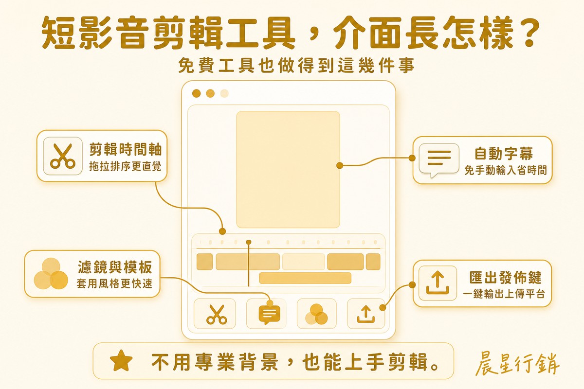 手機剪輯軟體介面示意圖，標示剪輯時間軸、自動字幕、濾鏡與模板、匯出發佈鍵四個功能位置
