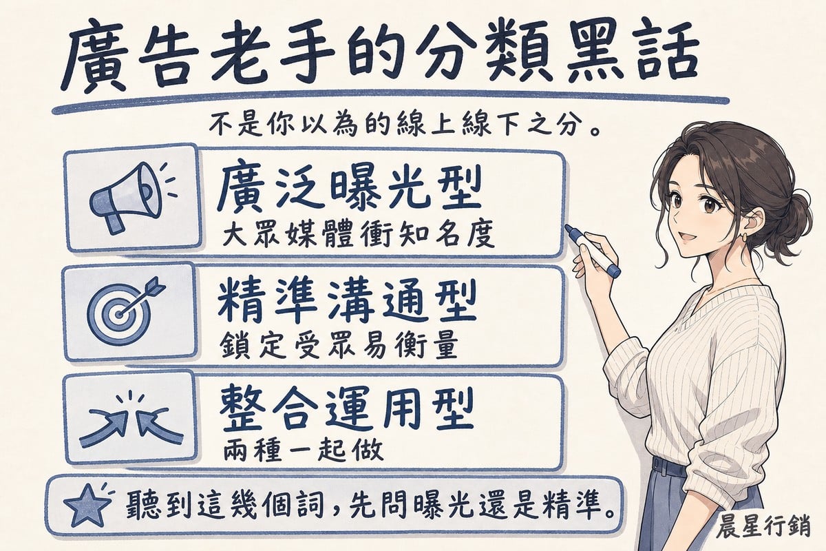 顧問在白板上列出廣泛曝光型、精準溝通型、整合運用型三種廣告分類方式