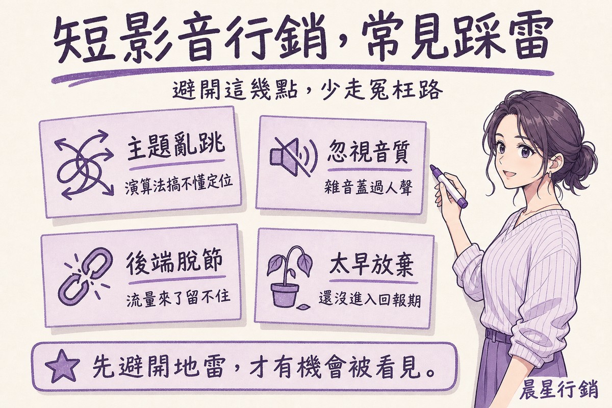 顧問指著白板上四張便利貼，分別寫著主題亂跳、忽視音質、後端脫節、太早放棄