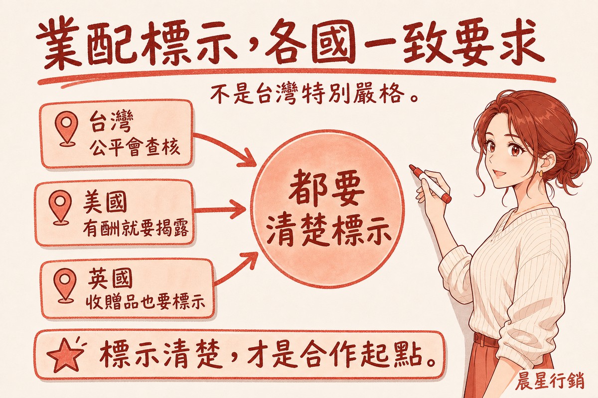 顧問手持筆指向中央都要清楚標示的圓圈，三個角落分別標註台灣公平會查核、美國有酬就要揭露、英國收贈品也要標示
