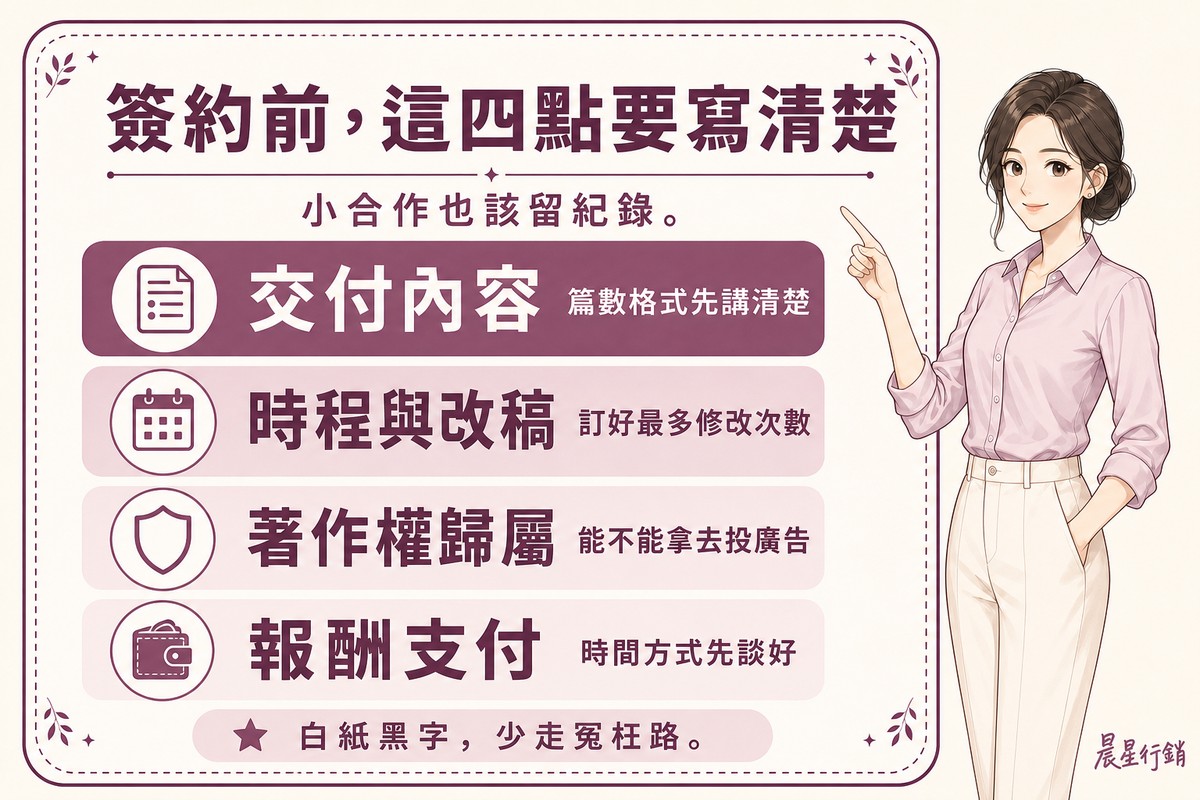 顧問指著看板，看板列出交付內容、時程與改稿、著作權歸屬、報酬支付四個簽約前要寫清楚的重點