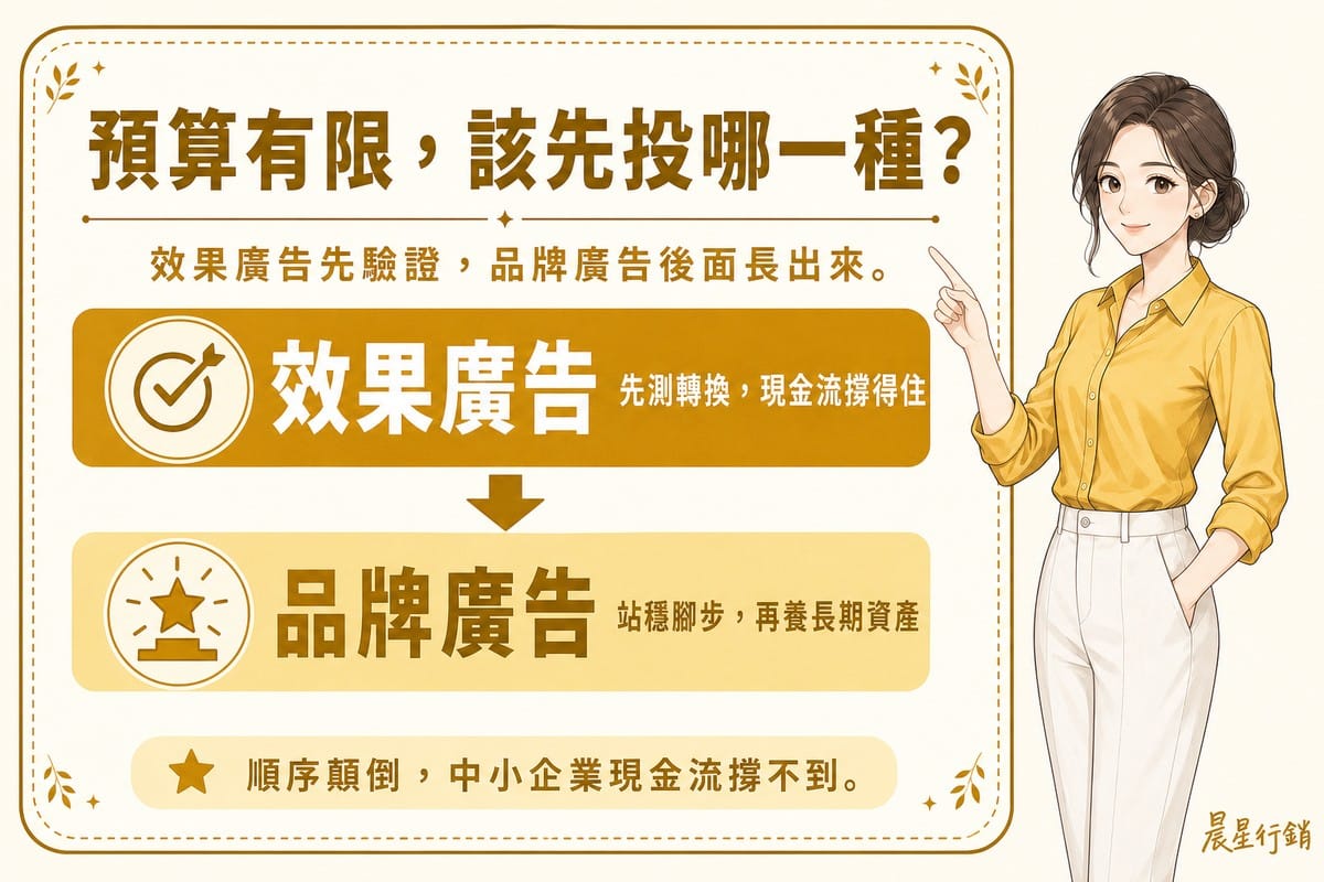 顧問指著看板，看板由上而下顯示效果廣告與品牌廣告兩個階段，中間以箭頭連接