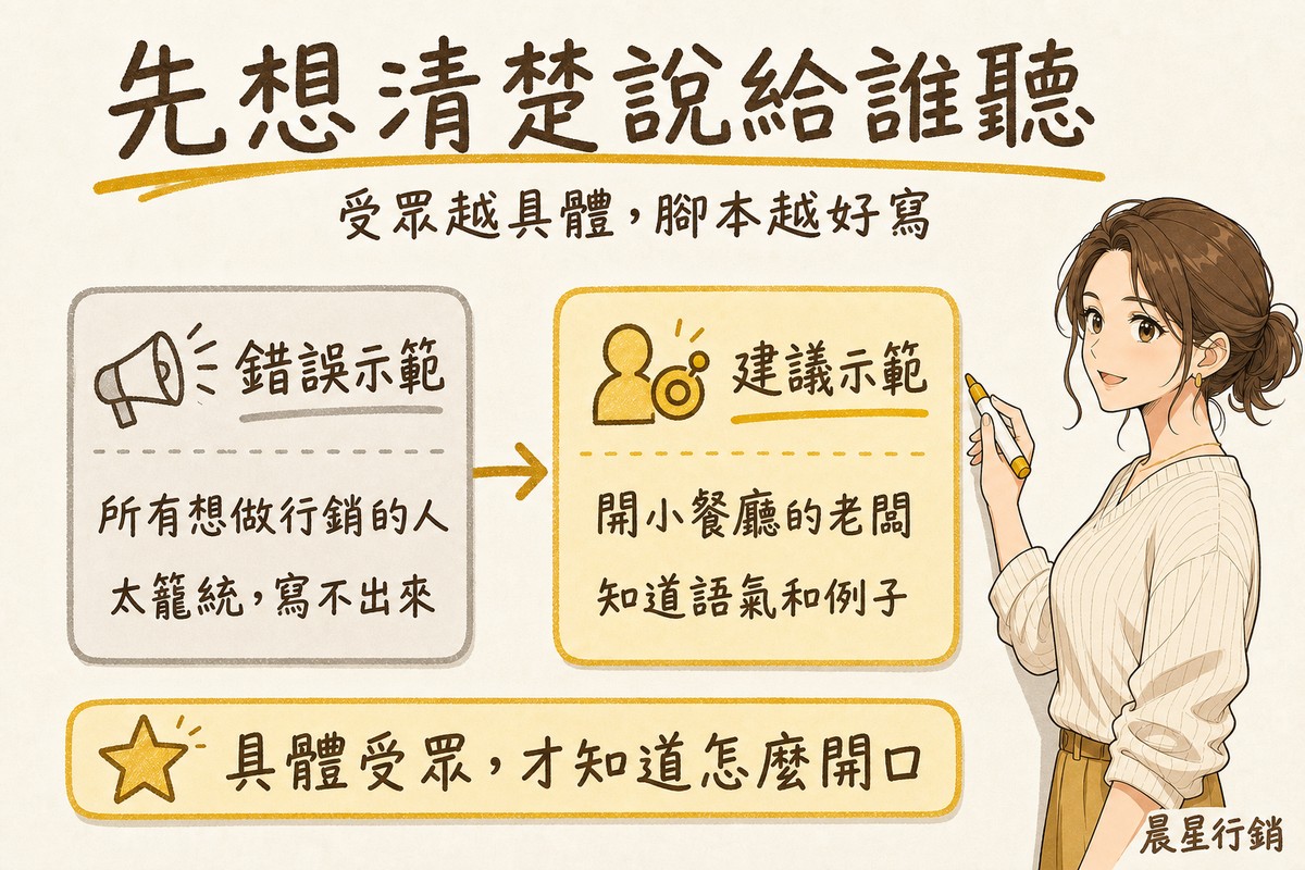 手繪白板對比錯誤示範所有想做行銷的人與建議示範開小餐廳的老闆兩種受眾描述方式