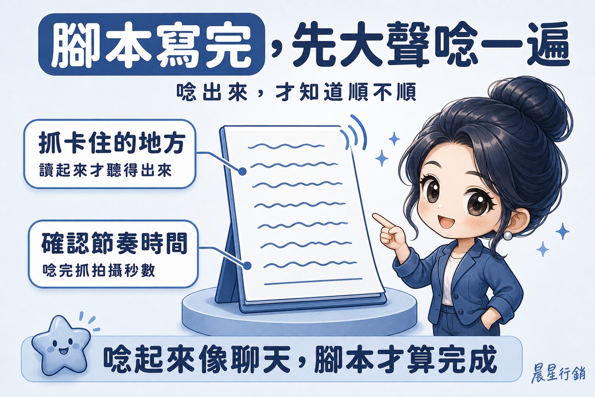 Q版顧問指著一份腳本紙張,拉線標註朗讀時要抓卡住的地方與確認節奏時間兩個重點