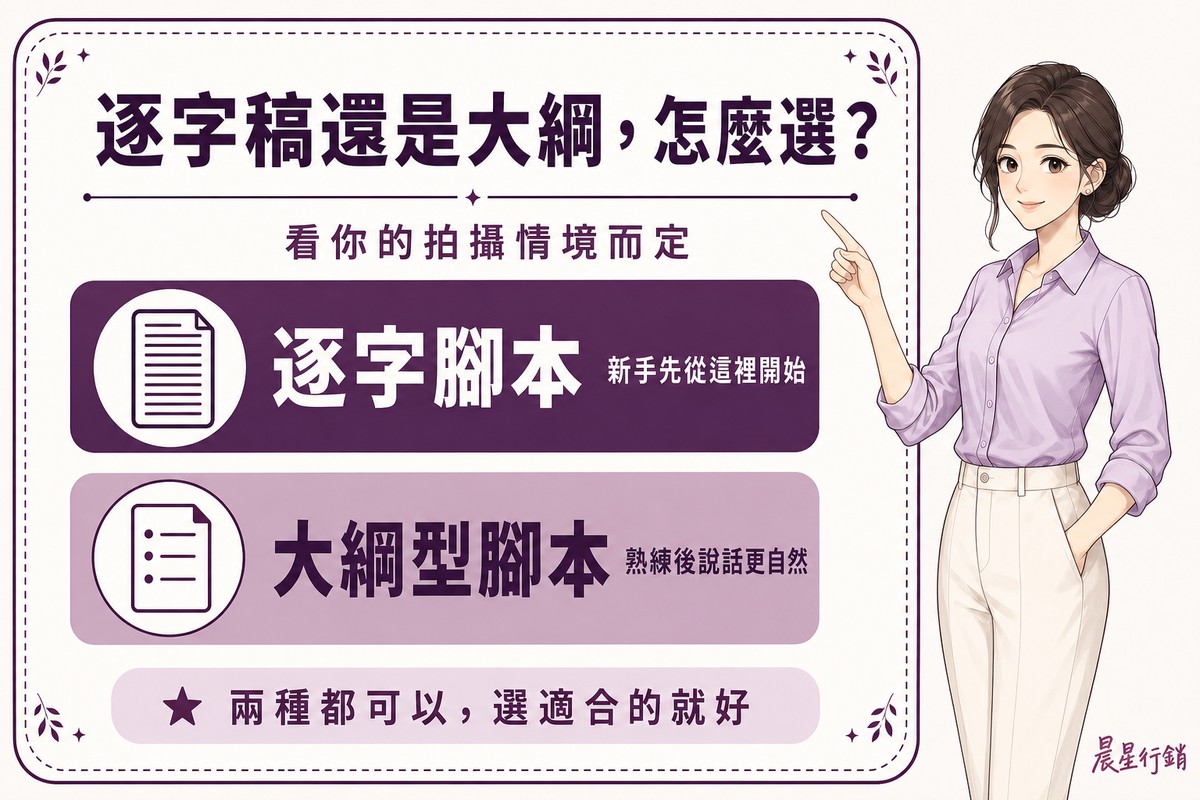 一位顧問指著看板,看板比較逐字腳本適合新手與大綱型腳本適合熟練者的差異