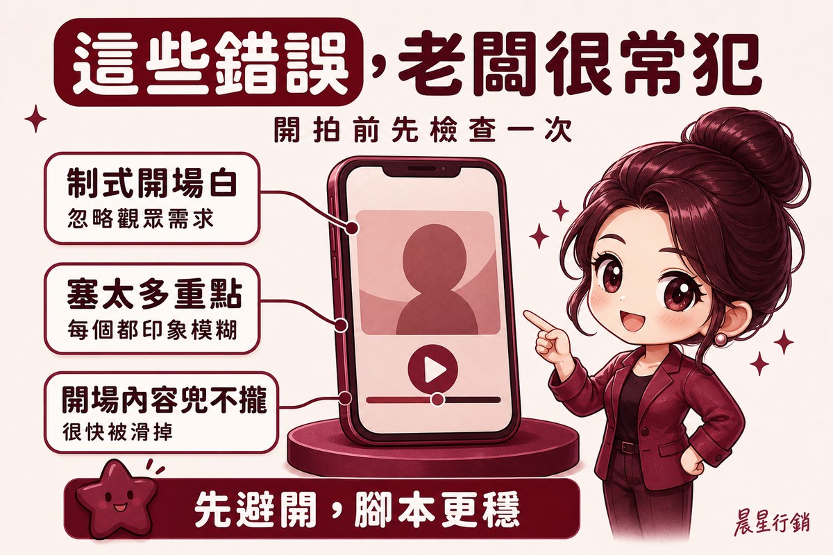 Q版顧問指著手機畫面,拉線標註制式開場白、塞太多重點、開場內容兜不攏三個常見腳本錯誤