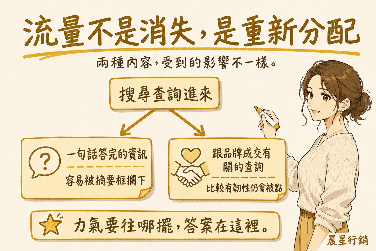 搜尋查詢分成兩條路徑,一句話能答完的資訊型內容容易被摘要框攔下,品牌與成交查詢則較有韌性