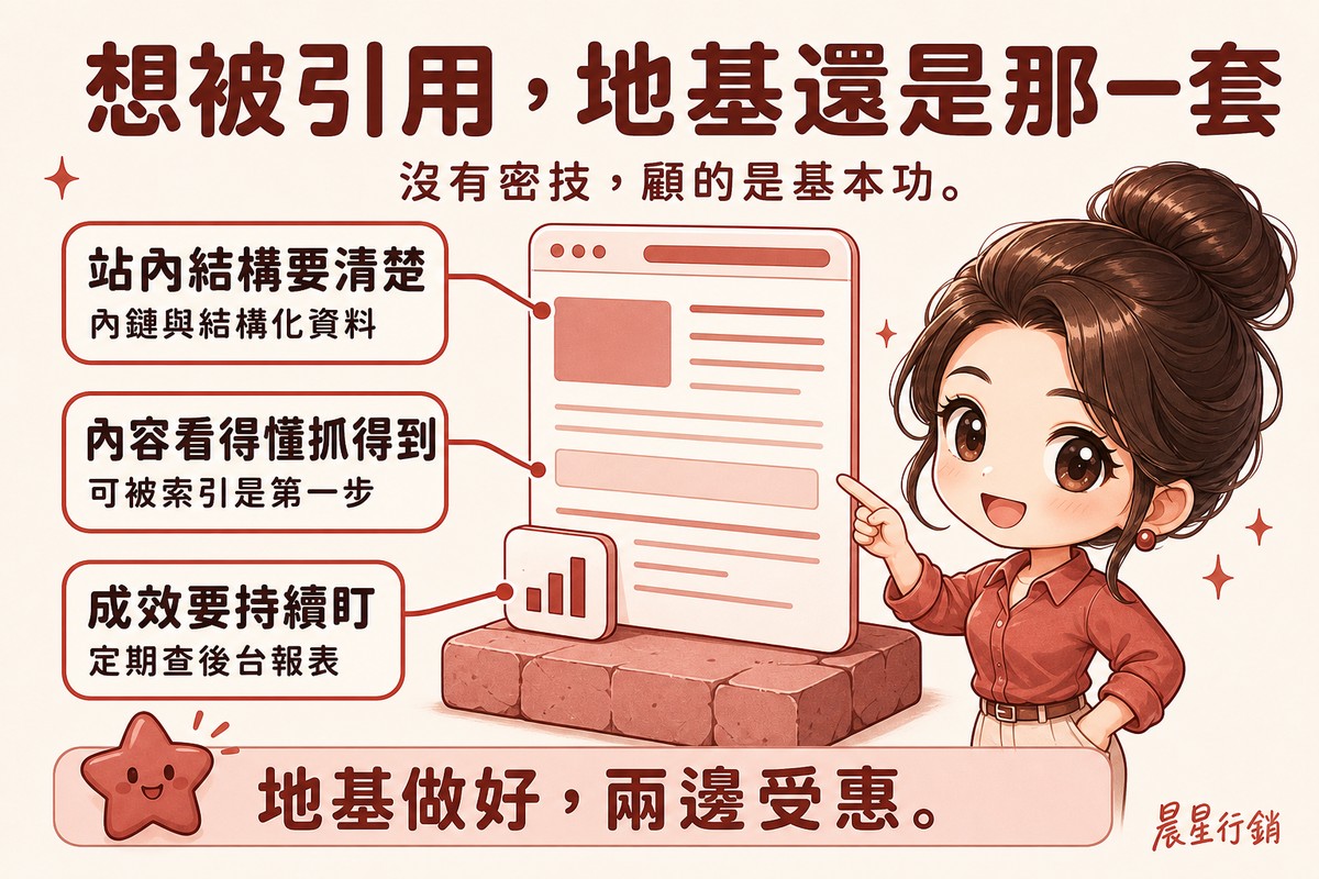 顧問指著網站插畫,三條引線分別標示內容可被索引、站內結構與結構化資料、後台成效監測三個重點