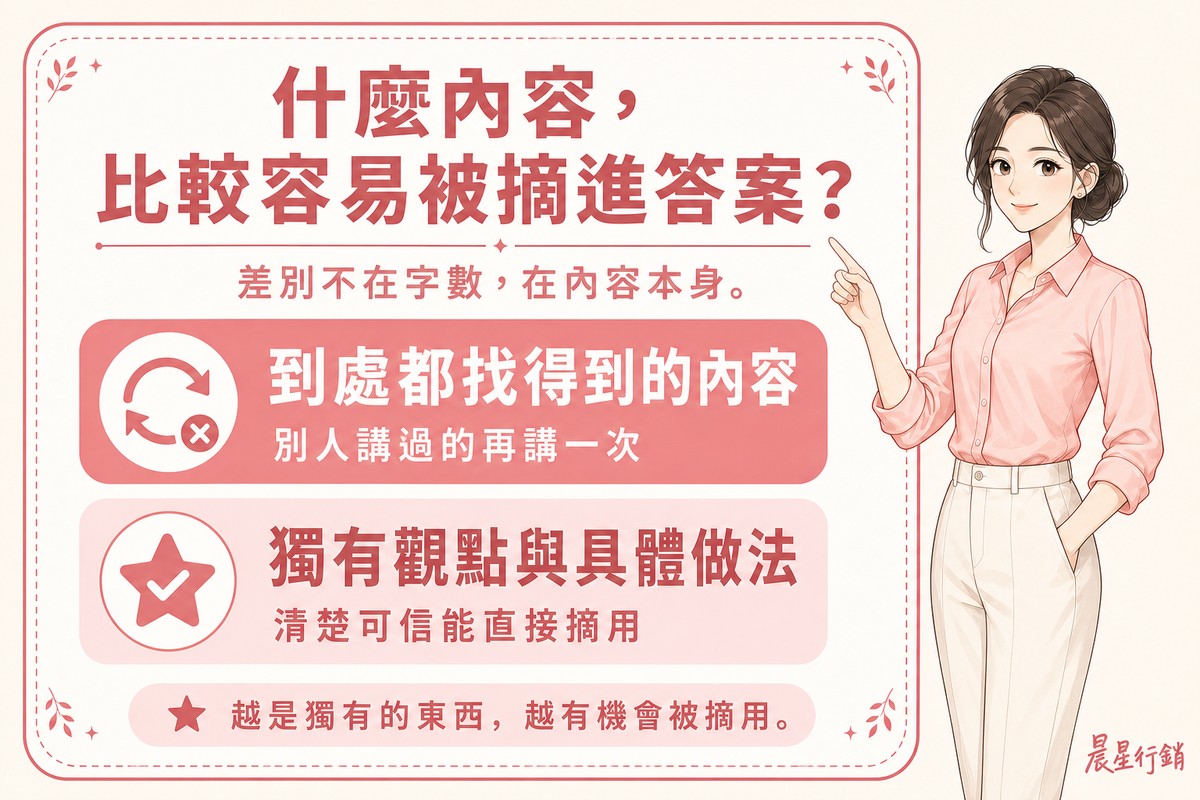 看板對比到處都找得到的重複內容,與獨有觀點加具體做法的內容,說明哪一種比較容易被AI摘要引用