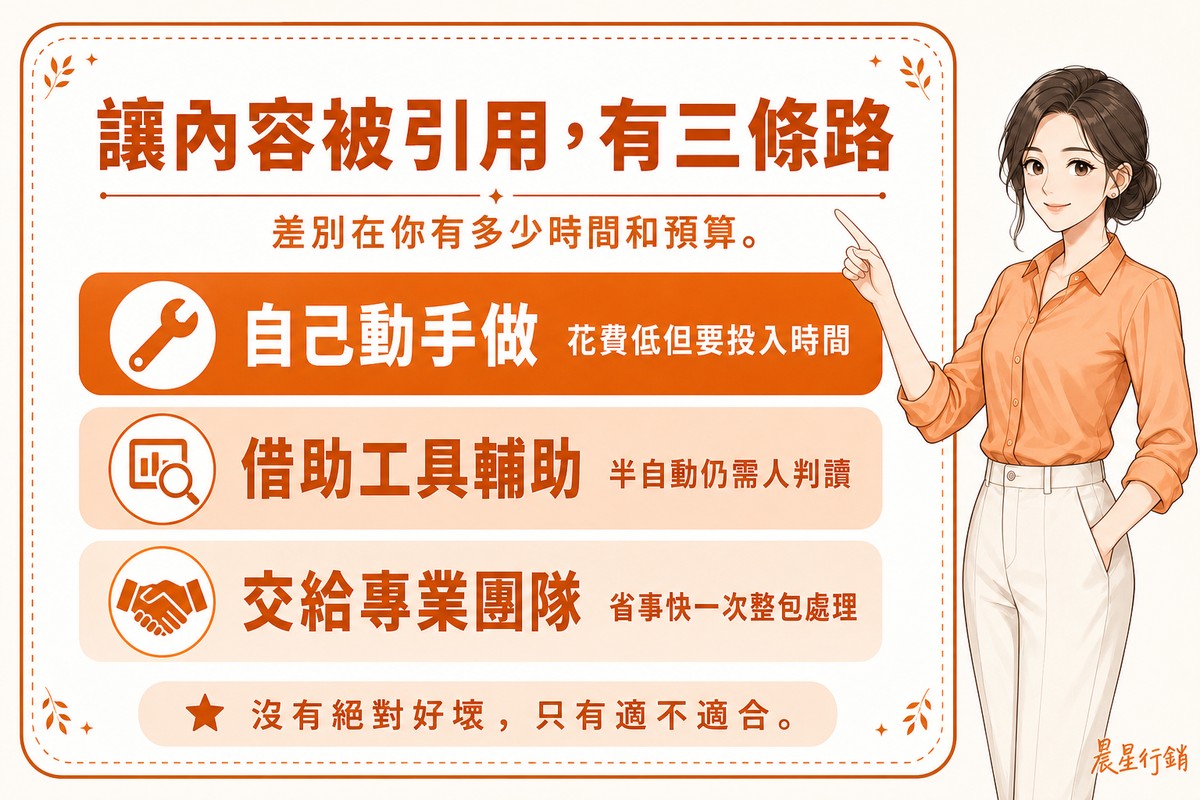 看板列出自己動手做、借助工具輔助、交給專業團隊三個選項,比較投入時間與花費差異