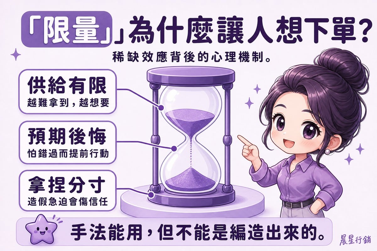 顧問指著沙漏，三個標籤分別標註供給有限、預期後悔、拿捏分寸三個重點