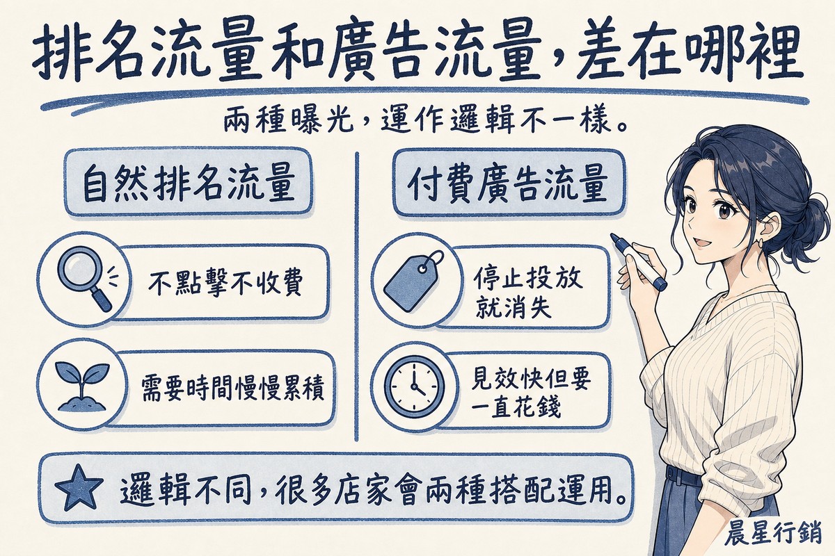 白板上用兩個對照欄位比較自然排名流量與付費廣告流量的特性