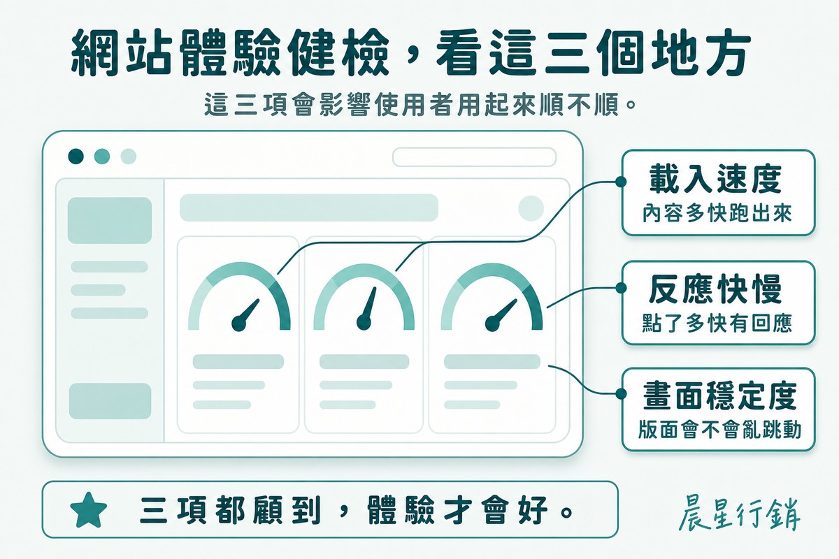 模擬網站健檢報告介面,用三條標註線分別指出載入速度、反應快慢、畫面穩定度三項指標
