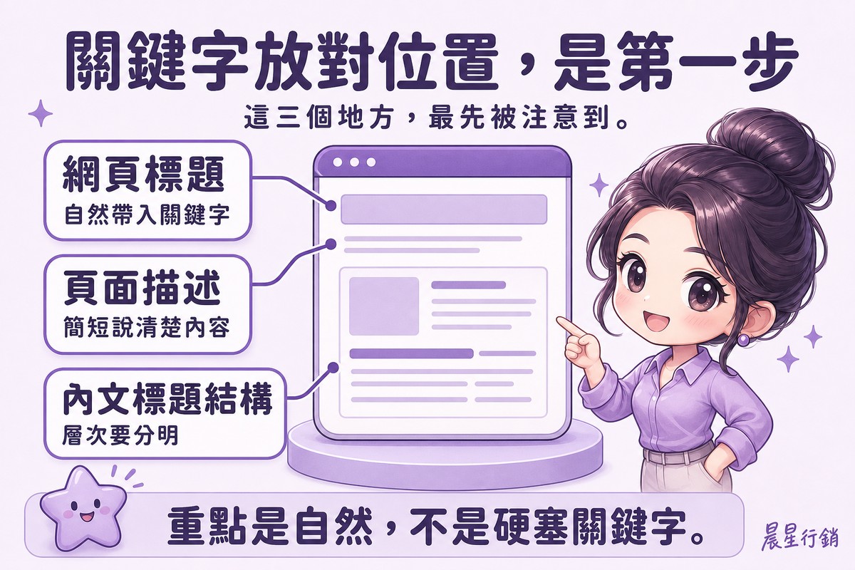 顧問指著網頁示意圖,標註網頁標題、頁面描述、內文標題結構三個放關鍵字的位置
