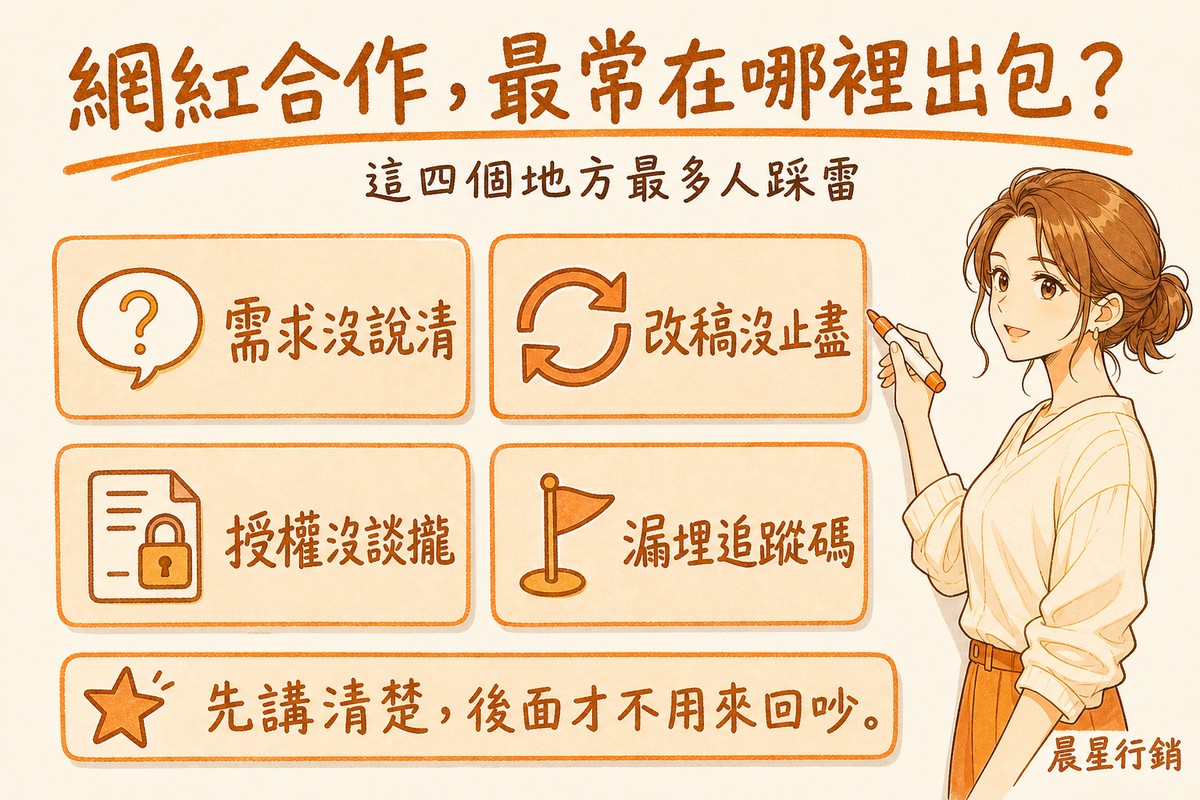 顧問在白板前指出需求沒說清、改稿沒止盡、授權沒談攏、漏埋追蹤碼四個網紅合作常見出包點