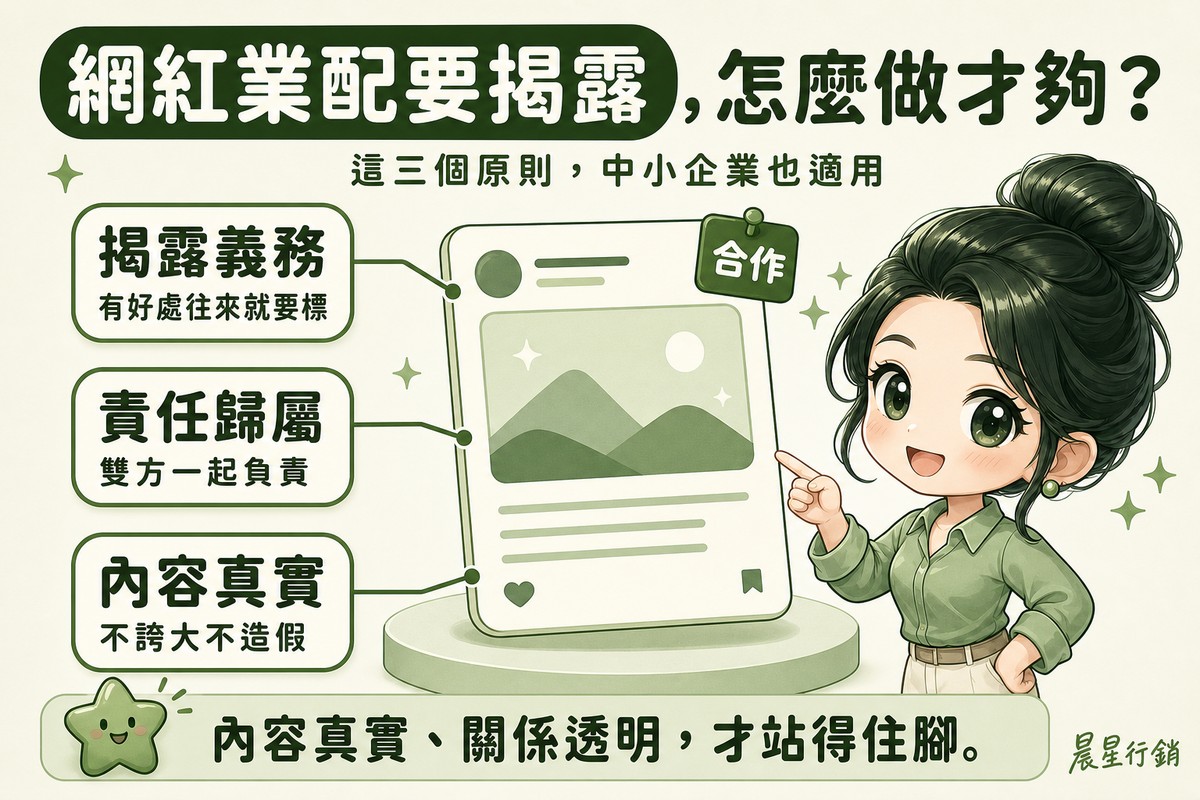 顧問指著一張標示合作的社群貼文卡片,旁邊標註揭露義務、責任歸屬、內容真實三個揭露原則