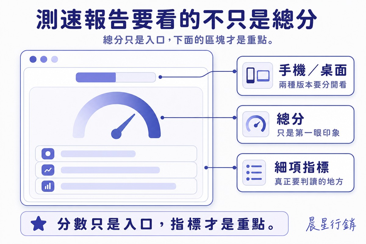 模擬的網站測速報告介面，上方是手機與桌面分頁與總分儀表，下方列出細項指標卡片