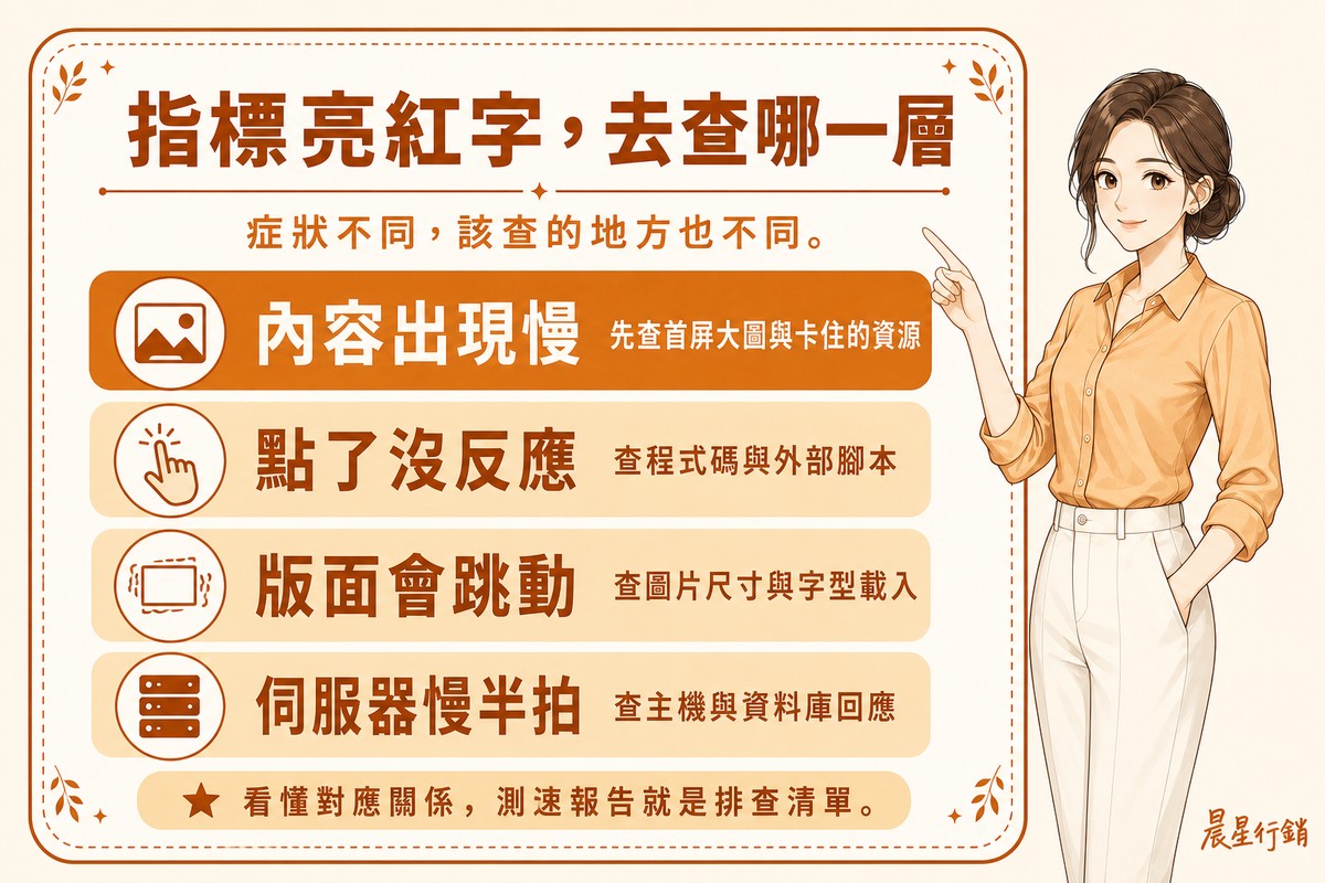 四個測速症狀分別對應到要排查的層級，包含內容出現慢、點了沒反應、版面會跳動、伺服器慢半拍